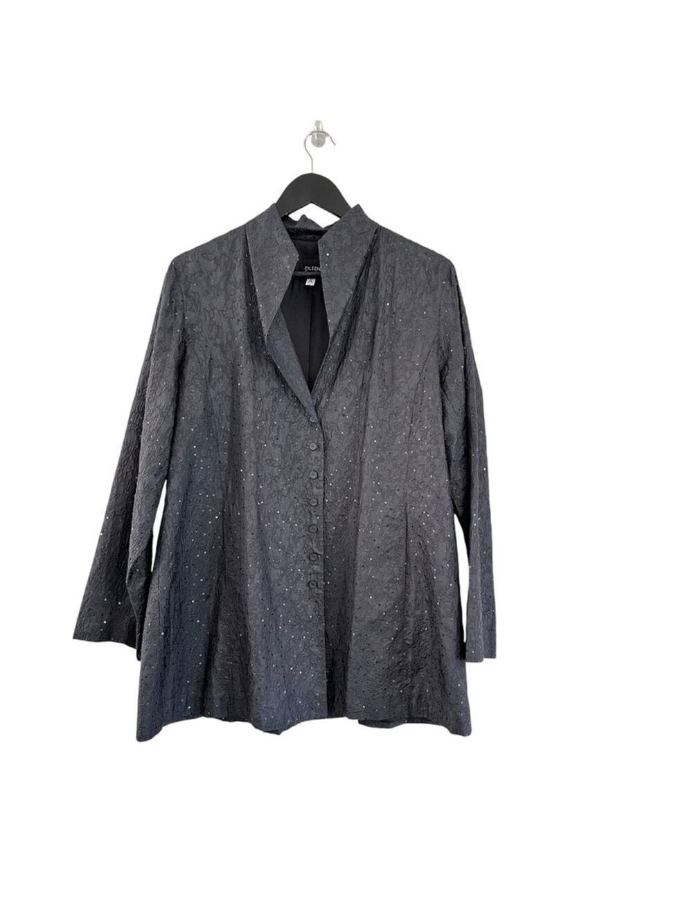EILEEN FISHER BLACK 100% SILK EMBROIDERED
SEQUINS STAND COLLAR JACKET MEDIUM